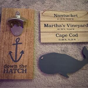 Nautical Wall Decor Set with Bottle Opener, Whale, and Small Sign